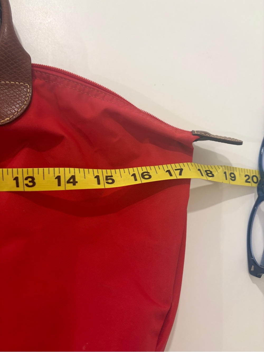 Longchamp Le Pliage Red Nylon Tote Bag with Brown Leather Trim Handle - Picture 10 of 13